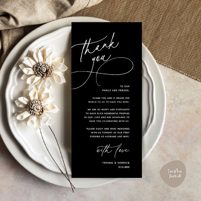 Modern Romantisk Bröllopsmottagning Tacksamhetskor Program (Modern Romantic Wedding Reception Dinner Lunch Brunch Thank You Card in Black and white)