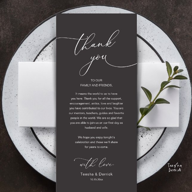 Modern Romantisk Bröllopsmottagning Tacksamhetskor Program (Modern Romantic Wedding Reception Thank You Card, plate decoration, in Classy Charcoal Dark Grey)