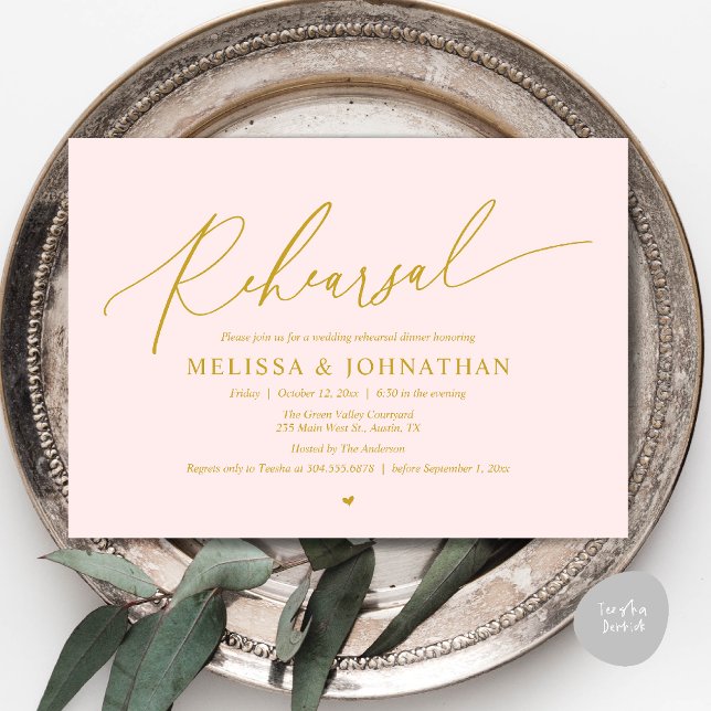 Modern Romantisk Intim Bröllopsrepetition Middag Inbjudningar (Modern Romantic Intimate Wedding Rehearsal Dinner Invitation Card in Gold Blush)