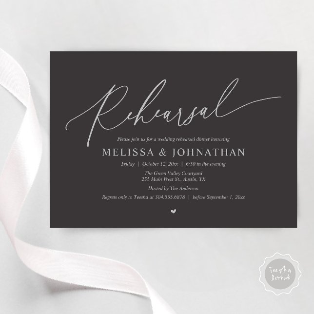 Modern Romantisk Intim Bröllopsrepetition Middag Inbjudningar (Modern Romantic Intimate Wedding Rehearsal Dinner Invitation Card in Charcoal SIlver)