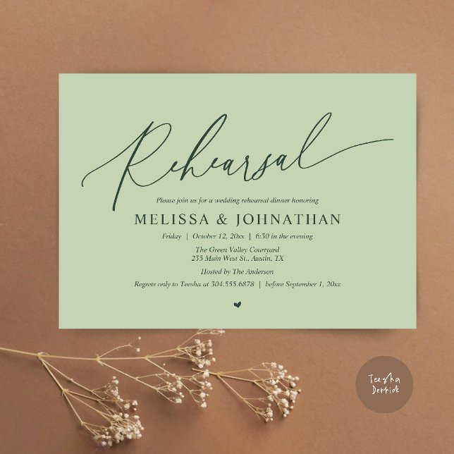 Modern Romantisk Intim Bröllopsrepetition Middag Inbjudningar (Modern Romantic Intimate Wedding Rehearsal Dinner Invitation Card in Eucalyptus Sage Green)