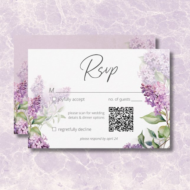 Modern romantisk Lila & Sage Lilacs QR-kod OSA Kort (Modern Romantic Purple & Sage Lilacs QR Code RSVP Card)
