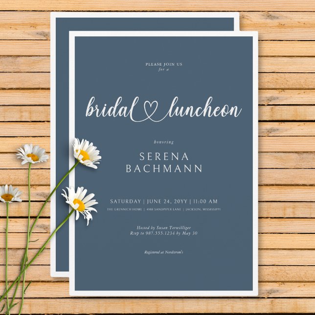 Modern romantisk, minimal, blå Möhippa Luncheon Inbjudningar (Modern Romantic Minimal Blue Bridal Luncheon Invitation)
