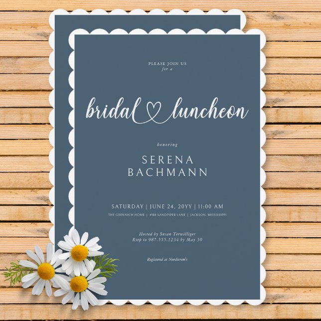 Modern romantisk, minimal, blå Möhippa Luncheon Inbjudningar (Modern Romantic Minimal Blue Bridal Luncheon Invitation)
