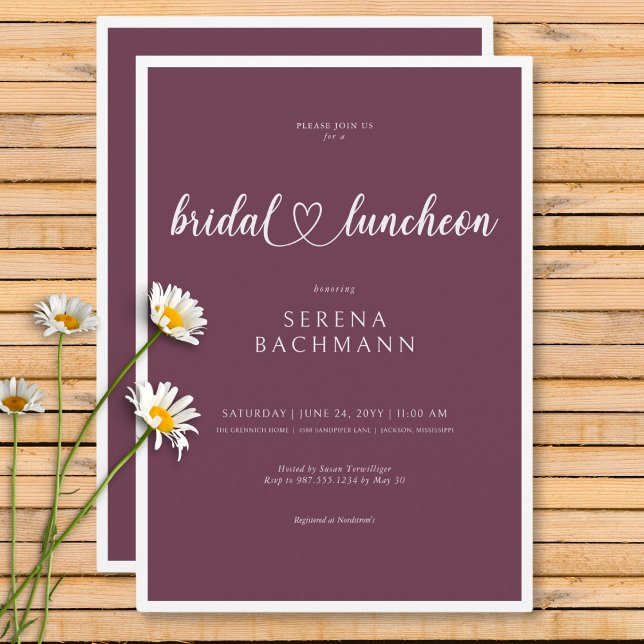 Modern Romantisk Minimal Mörkröd Bröllopsluncheon Inbjudningar (Modern Romantic Minimal Burgundy Bridal Luncheon Invitation)