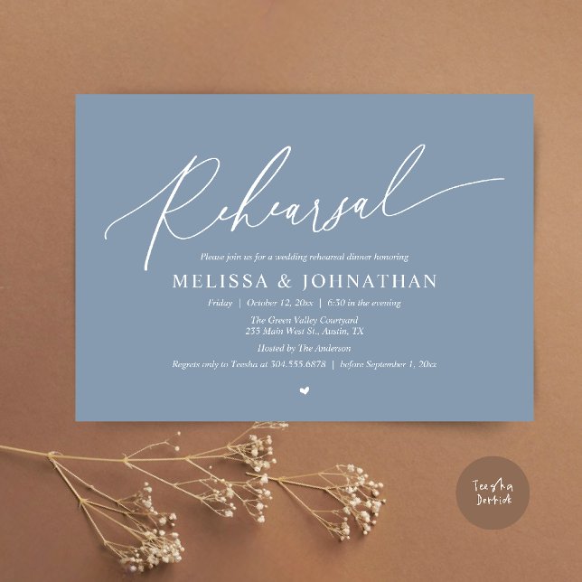 Modern Romantisk Minimalistisk Bröllopsrepetition  Inbjudningar (Modern Romantic Intimate Wedding Rehearsal Dinner Invitation Card in Dusty Blue)