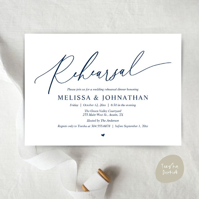 Modern Romantisk Minimalistisk Bröllopsrepetition  Inbjudningar (Modern Romantic Intimate Wedding Rehearsal Dinner Invitation Card in Navy Blue)