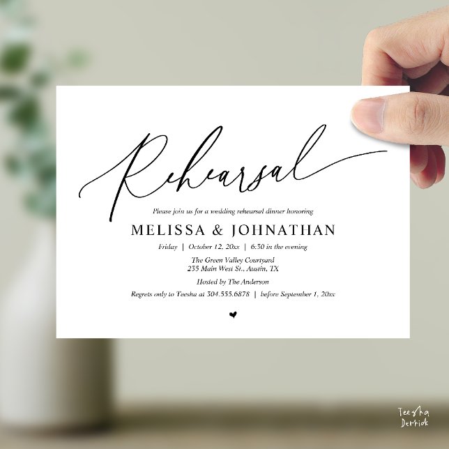 Modern Romantisk Minimalistisk Bröllopsrepetition  Inbjudningar (Modern Romantic Intimate Wedding Rehearsal Dinner Invitation Card in Black and White)