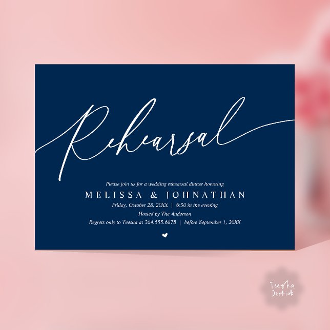 Modern Romantisk Repetition Bröllopsmiddag Dans Inbjudningar (Modern Romantic Rehearsal Wedding Dinner Dancing Invitation Card in Navy Blue)