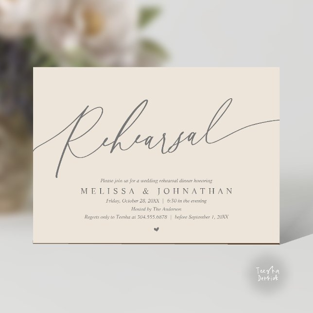 Modern Romantisk Repetition Bröllopsmiddag Dans Inbjudningar (Modern Romantic Rehearsal Wedding Dinner Dancing Invitation Card in Cream Grey)