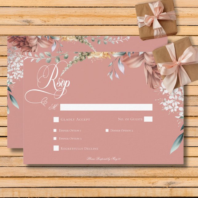 Modern Romantisk Rosa Garden Blommigt Bröllop Midd OSA Kort (Modern Romantic Pink Garden Floral Wedding Dinner RSVP Card)