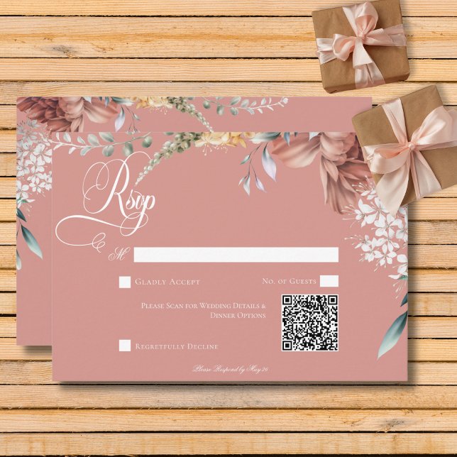 Modern Romantisk Rosa Garden Blommigt Bröllop QR-k OSA Kort (Modern Romantic Pink Garden Floral Wedding QR Code RSVP Card)