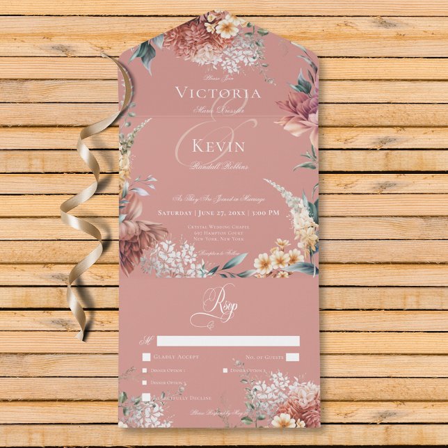 Modern Romantisk Rosa Garden Blommigt Middag (Modern Romantic Pink Garden Floral Dinner All In One Invitation)