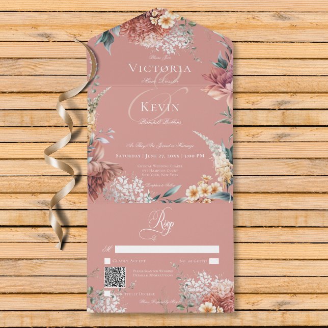Modern Romantisk Rosa Garden Blommigt QR-kod (Modern Romantic Pink Garden Floral QR Code All In One Wedding Invitation)