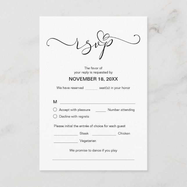 Modern Romantisk RSVP,  Svart teckensnitt, Svara  Tilläggskort (Framsida)