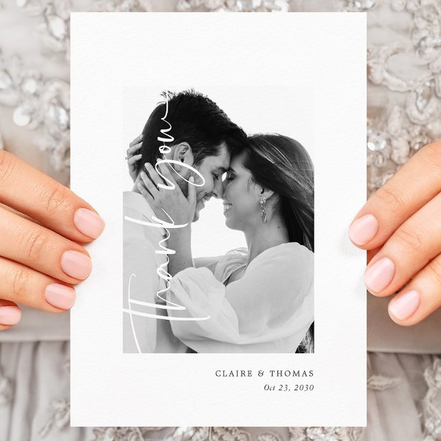 Modern romantiskt foto | Enkel skript Bröllop Tack Kort (Modern Romantic Photo _ Simple Script Wedding Thank You Card)