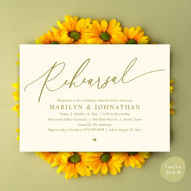Modern romatisk timodig Bröllop-republik Inbjudningar (Modern Romantic Wedding Rehearsal Dinner Dancing Invitation Card PDF Aesthetic Yellow Gold)