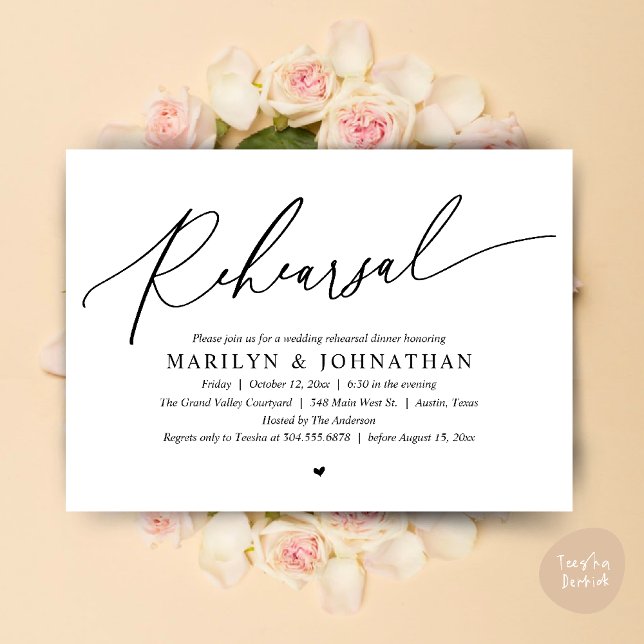 Modern romatisk timodig Bröllop-republik Inbjudningar (Modern Romantic Wedding Rehearsal Dinner Dancing Invitation Card PDF White Black)