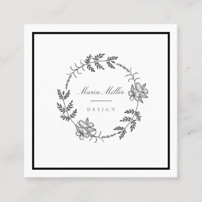 Modern romisk Blommigt svart vit klassisk Fyrkantigt Visitkort (Framsida)