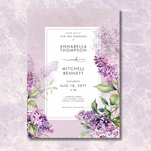 Modern romsk Lila och Sage Lilacs Bröllop Inbjudningar (Modern Romantic Purple & Sage Lilacs Wedding Invitation)