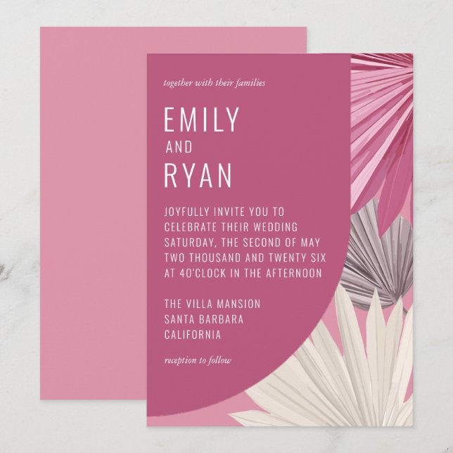 Modern romsk Rosa Tropical Löv Bröllop Inbjudningar (Fram/baksida)