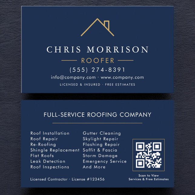 Modern Roofer Navy Blue Gold QR Code Visitkort (Skapare uppladdad)