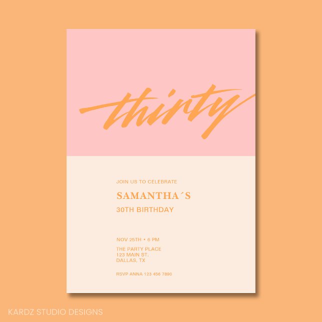 Modern Rosa 30års födelsedag Party Inbjudningar (30th Birthday Party Invitation in blush pink and cream with modern script typography)