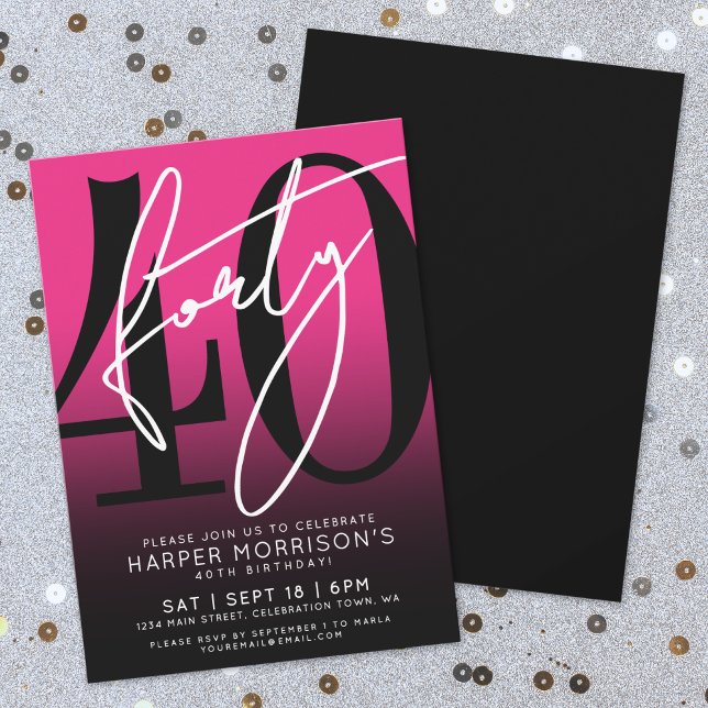Modern Rosa 40-års Födelsedagsfest Inbjudningar (Modern Pink 40th Birthday Party Invitation)