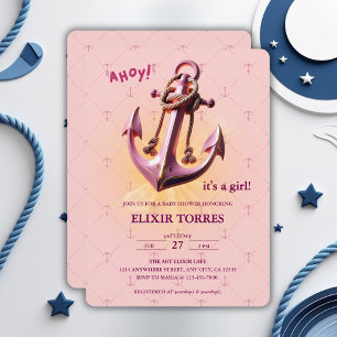 Modern Rosa Ahoy! Anchor Nautical Baby Shower Inbjudningar