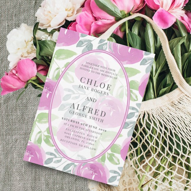 Modern Rosa Akvarell Ros Blommig Bröllop Inbjudningar (Skapare uppladdad)