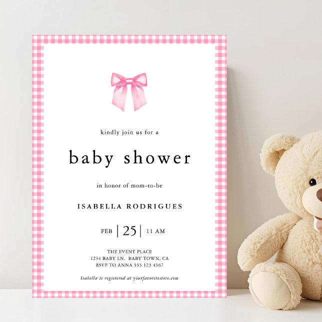 Modern Rosa Akvarell Rosett Rutig Bebis Shower Inbjudningar (Card shown in 5 x 7 inches, personalize, choose border style, and paper.)