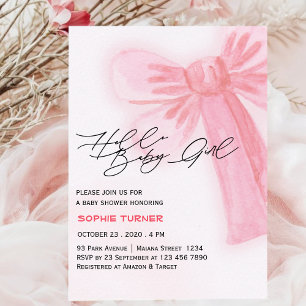 Modern Rosa av vattenfärg Bow Girl Baby Shower Inbjudningar