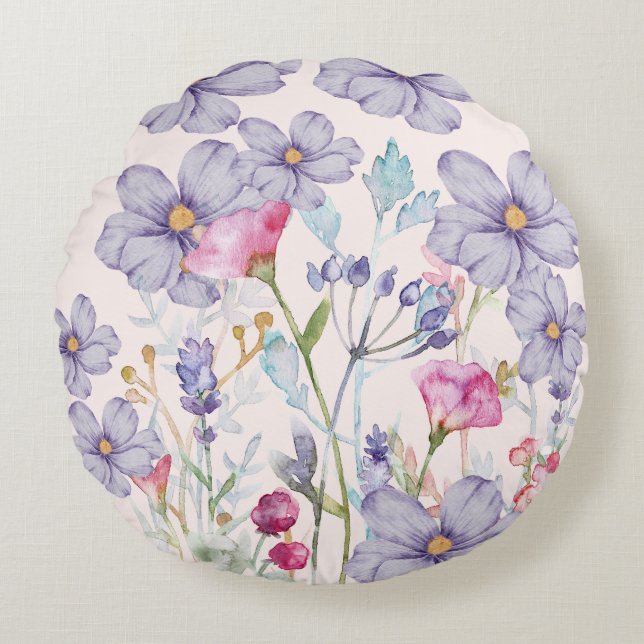 Modern Rosa av vildblommor med vattenfärg Rund Kudde (Framsidan)