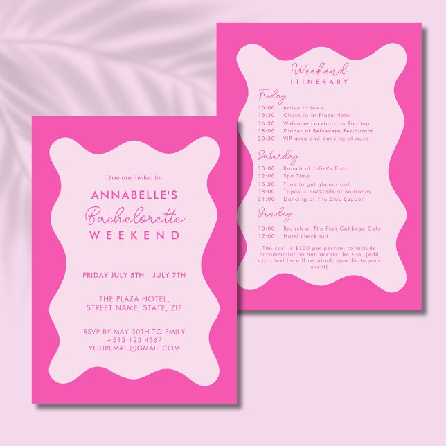 Modern Rosa Bachelorette Internationell Vågigt Inb Inbjudningar (Modern pink wavy Bachelorette Weekend Invitation with itinerary)