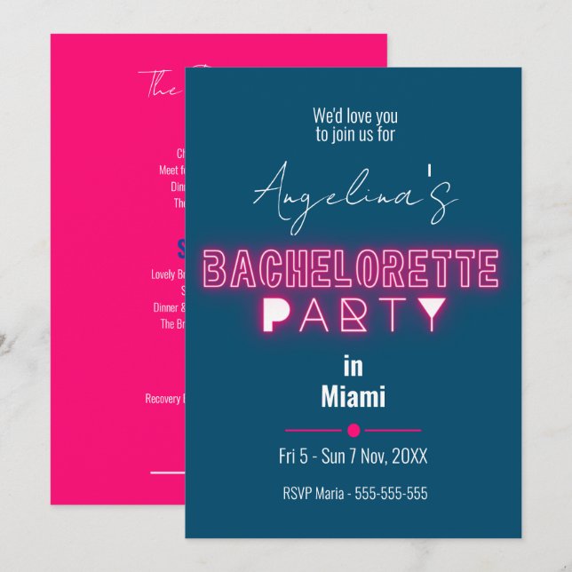 Modern Rosa Bachelorette Party Itinerary Inbjudningar (Fram/baksida)