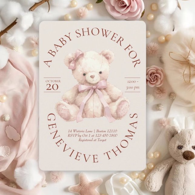 Modern Rosa Båg Teddybjörn Bebis Dopp Inbjudan (Skapare uppladdad)