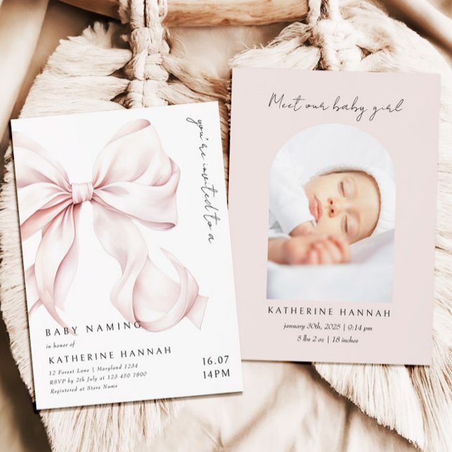 Modern Rosa Båge Baby Namngivning  Inbjudningar (Skapare uppladdad)