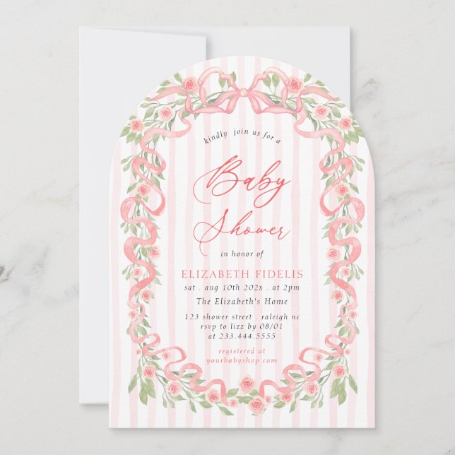 Modern Rosa Båge Blommande Rosor Båge Baby Shower Inbjudningar (Framsida)