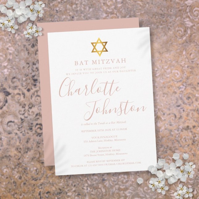 Modern Rosa Bat Mitzvah-skrift Inbjudningar (Modern Pink Script Bat Mitzvah Invitation)