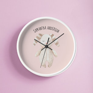 Modern Rosa Beauty Pastel Bunny med Namn Rund Klocka