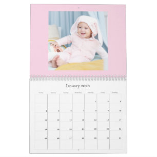 Modern Rosa Bebis Tjej Familj Foto Kalender 2026