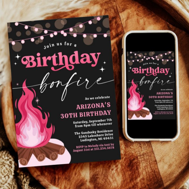 Modern Rosa Birthday Bonfire-inbjudan Inbjudningar (Modern Pink Birthday Bonfire Invitation)