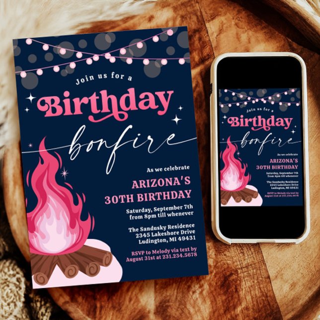 Modern Rosa Birthday Bonfire-inbjudan Inbjudningar (Modern Pink Birthday Bonfire Invitation
)