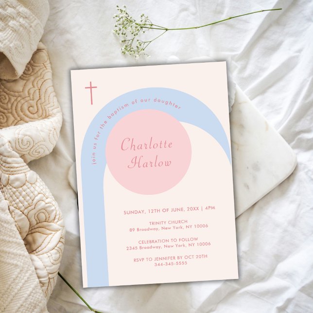 Modern Rosa Blå Beige Boho Båge Kors Dop Inbjudningar (Modern Pink Blue Beige Boho Arch Cross Baptism Invitation)