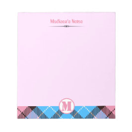 Modern rosa blå rutig Tartan monogram skriptnamn Anteckningsblock