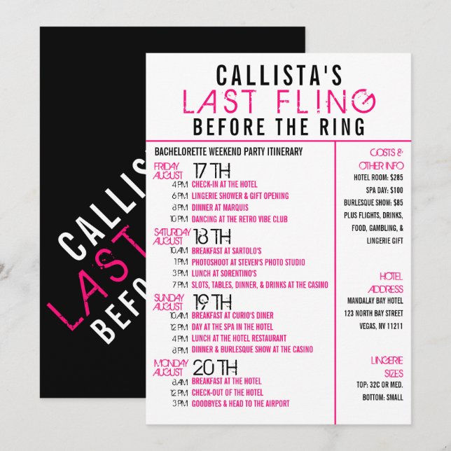 Modern Rosa Black Bachelorette Party Itinerary Inbjudningar (Fram/baksida)