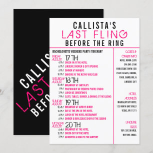 Modern Rosa Black Bachelorette Party Itinerary Inbjudningar