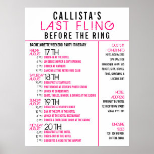 Modern Rosa Black Bachelorette Party Itinerary Poster