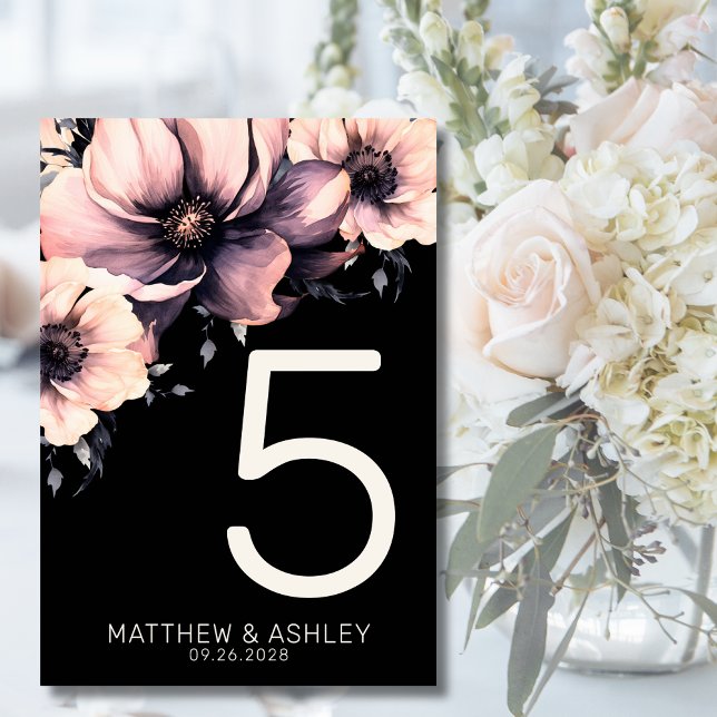 Modern Rosa Black Blommigt Bröllop Bordsnummer (Unique Modern Boho Pink Black Floral Wedding Table Number)