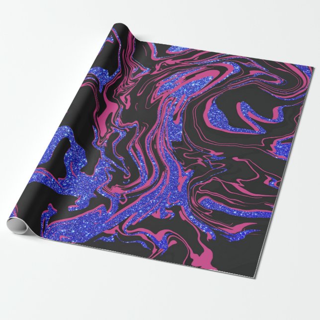Modern Rosa Black Blue Glitter Marble Mönster Presentpapper (Utrullad)